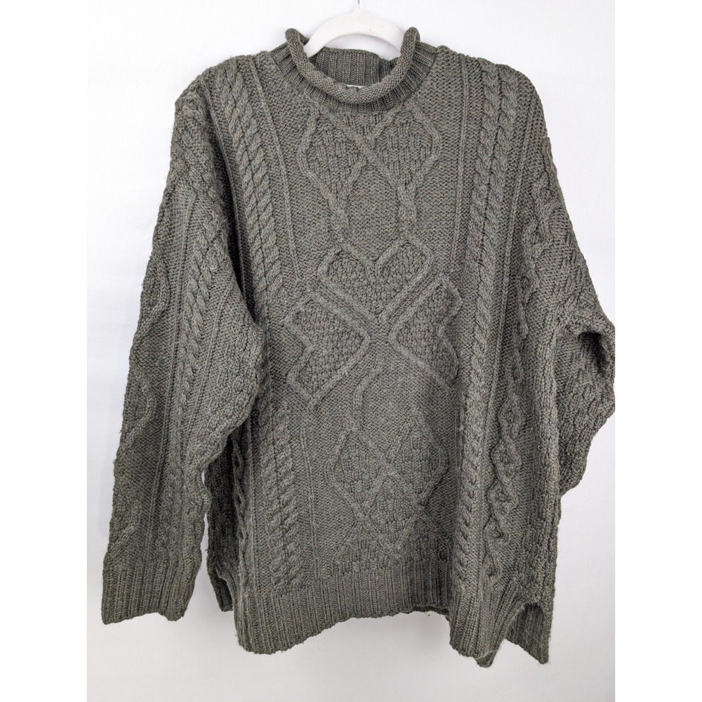 Aran Crafts Ireland 100% Merino Wool Cable Knit Sweater Mens M Green Fisherman